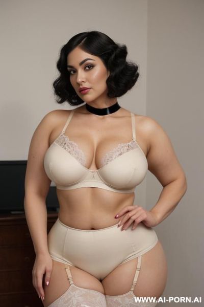 Long black finger wave hairstyle, persian, narrow eyes, pointy nose, high cheekbokes, ((heavy perky hanging breasts)), seductive sexy grin, dimples, fit bbw voluptuous hourglass figure, big full large - ai-porn.ai - Iran on pornintellect.com