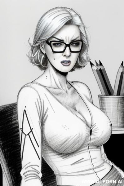 ((((image comic-drawing pencil style)))) ((((mediun body shot)))) ((((in the office)))) ((((anger face)))) pretty italian woman full lips, muscle fit , black short skirt , white long-sleeved shirt on - ai-porn.ai - Italy on pornintellect.com