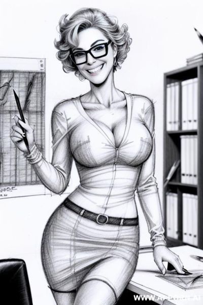 ((((image comic-drawing pencil style)))) ((((medium body shot)))) ((((in the office)))) ((((smiling silly face)))) pretty italian woman full lips, muscle fit , black short skirt , white long-sleeved - ai-porn.ai - Italy on pornintellect.com