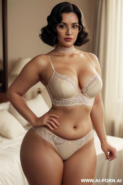 Long black finger wave hairstyle, persian, narrow eyes, pointy nose, high cheekbokes, ((heavy perky hanging breasts)), no cleavage, seductive sexy grin, dimples, fit bbw voluptuous hourglass figure, - ai-porn.ai - Iran on pornintellect.com