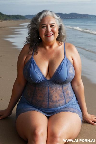 Old sexy bbw in a sun dress on a beach . - ai-porn.ai on pornintellect.com