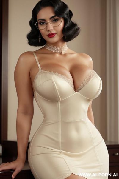 Long black finger waves, persian, narrow eyes, pointy nose, high cheekbokes, ((heavy perky hanging breasts)), no cleavage, seductive sexy grin, dimples, fit bbw voluptuous hourglass figure, big full - ai-porn.ai - Iran on pornintellect.com
