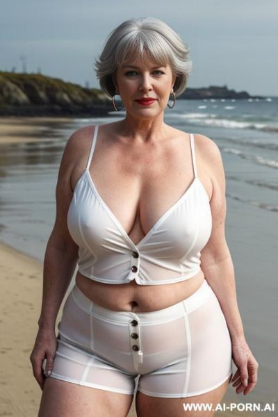 Social old sexy plump gilf. tight top, extremely pretty, full lips, button nose, hoop earrings, busty round boobs, hourglass figure, tight waist. t shirt and short shorts. - ai-porn.ai on pornintellect.com