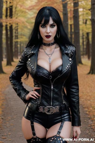 Female goth makeup thick black hairs brunette bangs messy in studded choker tight thick leather jacket with color patches punk jacket in red tshirt cleavage busty in autumn forest park portrait - ai-porn.ai on pornintellect.com