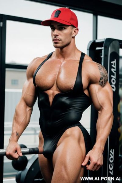 The hyper-muscular gay, dressed in a spandex bodysuit, enters the gym. his chest, abs, buttocks, arms, and legs are clearly defined, and his cock protrudes from under the bodysuit. he has - ai-porn.ai on pornintellect.com