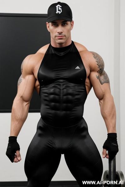 The hyper-muscular gay, dressed in a spandex bodysuit, enters the gym. his chest, abs, buttocks, arms, and legs are clearly defined, and his huge cock protrudes from under the bodysuit. he has - ai-porn.ai on pornintellect.com