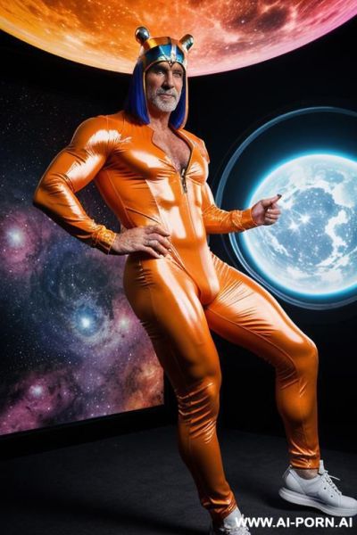 The hyper-muscular old gay, dressed in a fantasy bodysuit, enters the spaceship. his chest, abs, buttocks, arms, and legs are clearly defined, and his huge cock protrudes from under the bodysuit. - ai-porn.ai on pornintellect.com