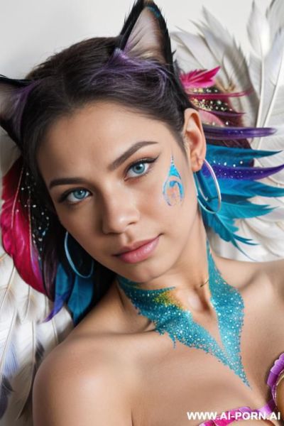 Face, sexy, beautiful, ((face painting)), ((body painting)), ((bikini as seashell)), ((roses)), ((eyes shw)), ((angel wings)), ((rainbow hair)), ((glitter)), ((long bu hair)), ((heterochromia eyes)), ((wind)), - ai-porn.ai on pornintellect.com
