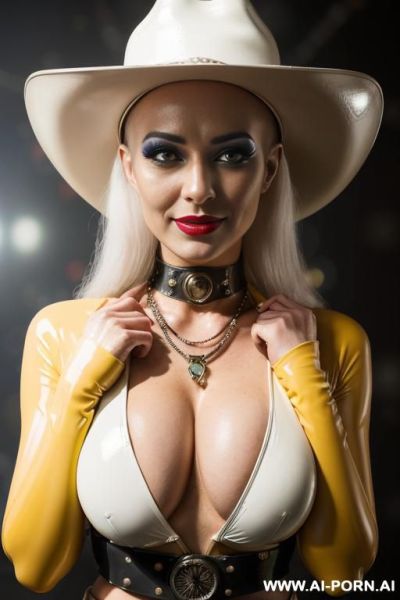 ((topless)), pretty face of ncowwoman, (natural breasts), (inviting eyes), (sci-fi necklace), , (light tan, (detailed face), atompunk, sci-fi, (rodeo hat), retrofuturistic rodeo hat with sci-fi devices - ai-porn.ai on pornintellect.com