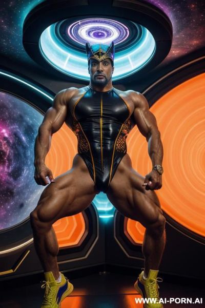 The hyper-muscular old gay, dressed in a fantasy bodysuit, enters the spaceship. his chest, abs, buttocks, arms, and legs are clearly defined. he wears a sci-fi fantasy cap on his head and sneakers on his feet he is jumping and screeching. - ai-porn.ai on pornintellect.com