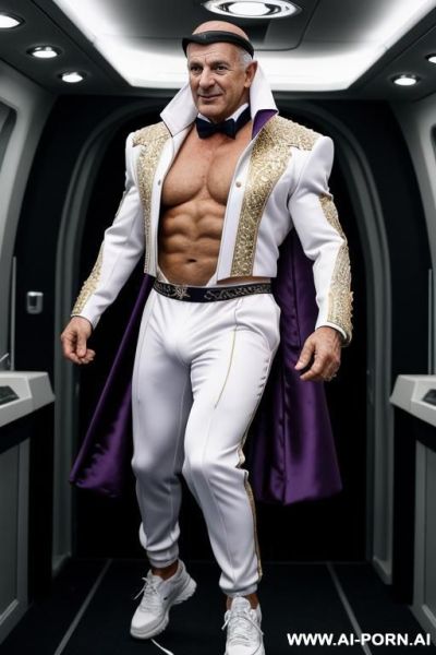The hyper-muscular old gay, dressed in a fantasy coat, enters the spaceship. his chest, abs, buttocks, arms, and legs are clearly defined. he wears a sci-fi fantasy cap on his head and sneakers on his feet he is jumping and screeching. - ai-porn.ai on pornintellect.com