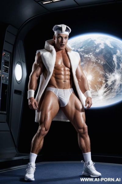 The hyper-muscular old gay, dressed in a fantasy space coat with cables, enters the spaceship. his chest, abs, buttocks, arms, and legs are clearly defined. he wears a sci-fi fantasy cap on his head and sneakers on his feet he is jumping and screeching. - ai-porn.ai on pornintellect.com