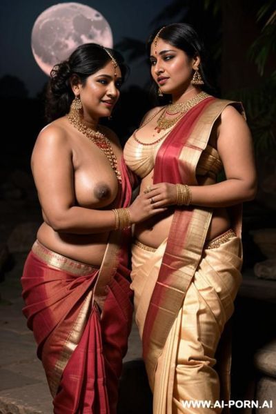 Ancient indian chubby queen in a traditional sari gropes a full naked chubby lesbian female with shaved vagina under the moon - ai-porn.ai - India on pornintellect.com