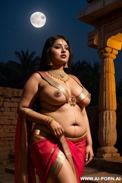 Ancient indian full naked chubby female with shaved vagina is screened by ancient indian chubby queen in a traditional sari under the moon - ai-porn.ai - India on pornintellect.com