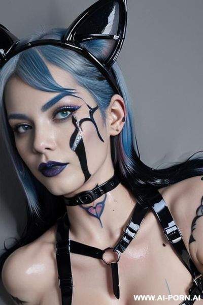 2 women, face, ((sexy)), beautiful, ((belly)), ((blue-pink hair)), ((slick wet hair)), ((split hair color in 2)), ((percing nose)), ((2 women)), ((face painting)), ((red latex harness gothic style)), - ai-porn.ai on pornintellect.com