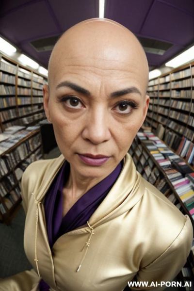 ((((view fish eye lens)))) up level shot forehead in closedup hyperrealism painting: slender bald old japanese librarian, age twenty, ((aa cup teardrop boobs)), on the desert field, bald head, - ai-porn.ai - Japan on pornintellect.com