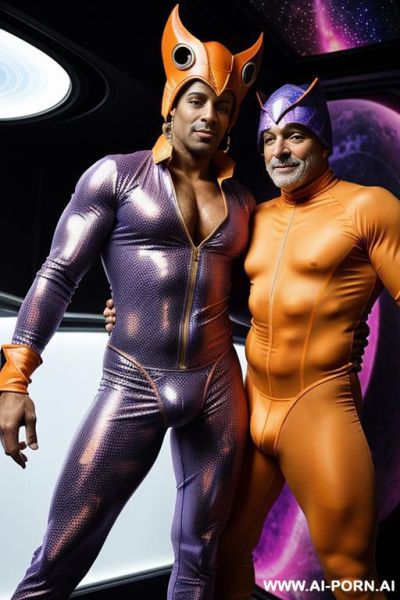 The hyper-muscular old gay, dressed in a fantasy bodysuit, enters the spaceship. his chest, abs, buttocks, arms, and legs are clearly defined, and his huge cock protrudes from under the bodysuit. - ai-porn.ai on pornintellect.com