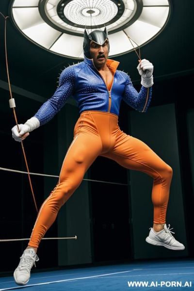 The hyper-muscular old gay, dressed in a fantasy space spiked coat with cables, enters the spaceship. his chest, abs, buttocks, arms, and legs are clearly defined. he wears a sci-fi fantasy cap - ai-porn.ai on pornintellect.com