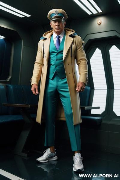 The hyper-muscular old gay, dressed in a fantasy space coat with cables, enters the spaceship. his chest, abs, buttocks, arms, and legs are clearly defined. he wears a sci-fi fantasy cap on his head and sneakers on his feet he is jumping and screeching. - ai-porn.ai on pornintellect.com