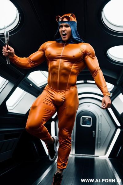 The hyper-muscular old gay, dressed in a fantasy bodysuit, enters the spaceship. his chest, abs, buttocks, arms, and legs are clearly defined. he wears a sci-fi fantasy cap on his head and sneakers on his feet he is jumping and screeching. - ai-porn.ai on pornintellect.com
