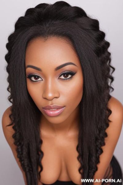 Create an image of a beautiful, black woman with curly black hair, showing her pussy, with shapely tits and a perfect ass. - ai-porn.ai on pornintellect.com