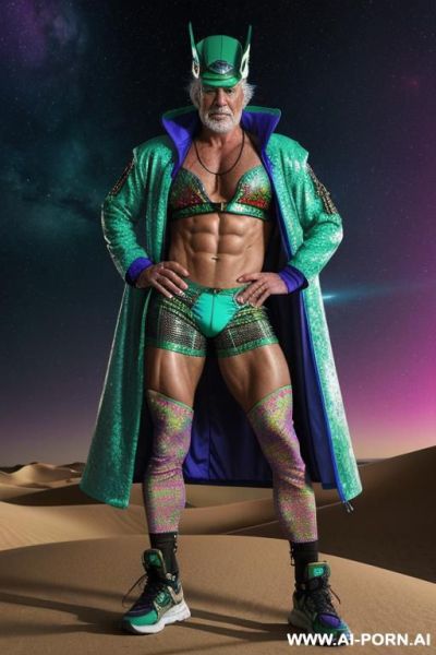 The hyper-muscular old gay, dressed in a fantasy coat with high tech details, enters the spaceship. his chest, abs, buttocks, arms, and legs are clearly defined. he wears a sci-fi fantasy cap on his head and sneakers on his feet - ai-porn.ai on pornintellect.com