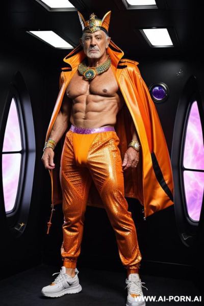 The hyper-muscular old gay, dressed in a fantasy coat, enters the spaceship. his chest, abs, buttocks, arms, and legs are clearly defined. he wears a sci-fi fantasy cap on his head and sneakers on his feet - ai-porn.ai on pornintellect.com