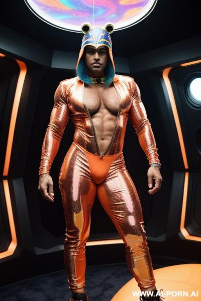The hyper-muscular old gay, dressed in a fantasy bodysuit, enters the spaceship. his chest, abs, buttocks, arms, and legs are clearly defined, and his huge cock protrudes from under the bodysuit. - ai-porn.ai on pornintellect.com