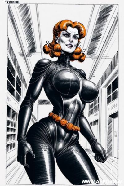 ((((image comic-drawing cartoon style)))) by giger. a ginger sci-fi woman with wide hips is trapped on her back wi the coils of an giant anaconda. ((((image comic-drawing cartoon style)))) in the - ai-porn.ai on pornintellect.com
