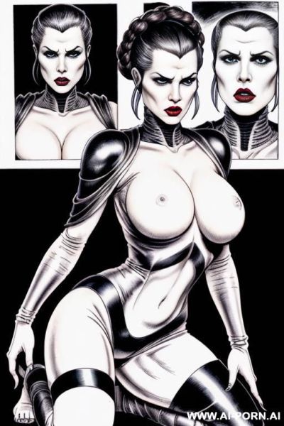 ((((image comic-drawing cartoon style)))) by giger. show two lesbian super model porn stars, two busty lesbians, beautiful super model face , lesbians itting while other sci-fi lesbian kneeling by - ai-porn.ai on pornintellect.com