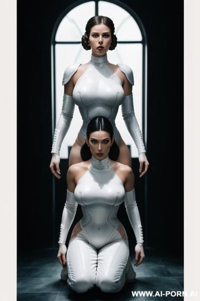 ((((image photography style)))) by giger. show two lesbian super model porn stars, two busty lesbians, beautiful super model face , lesbians itting while other sci-fi lesbian kneeling by her side - ai-porn.ai on pornintellect.com