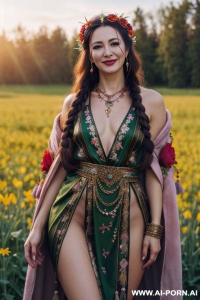 Slavic goddess. flower crown.in a field. red flower.necklace, elries, chain, long layered rhinestone tassel chest chain, rhinestone tassel chain face mask - ai-porn.ai on pornintellect.com