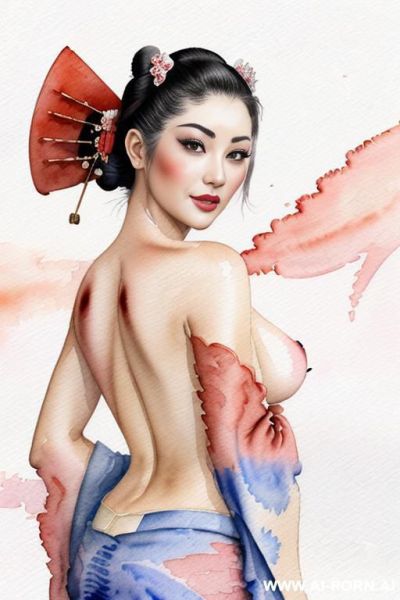 ((((image comic-drawing watercolor style)))) down level shot (((( face)))) ((((seductive gaze)))) ((((geisha)))) smile , shocked face , ((((from the front)))) bending over standing on , ((((kimono over - ai-porn.ai on pornintellect.com