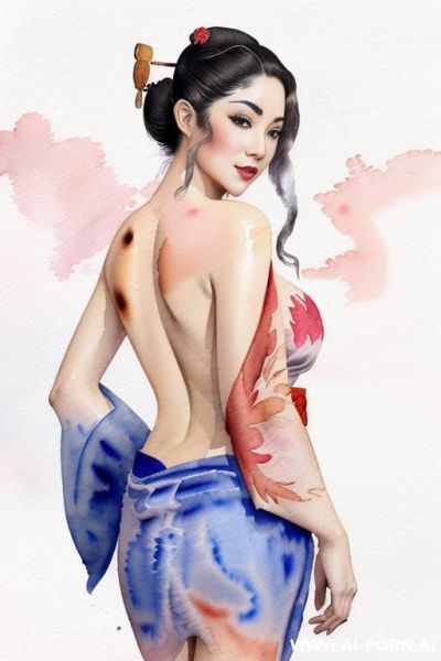 ((((image comic-drawing watercolor style)))) down level shot (((( face)))) ((((seductive gaze)))) ((((geisha)))) smile shocked face bending over standing on , ((((kimono d over the shoulders)))) , - ai-porn.ai on pornintellect.com