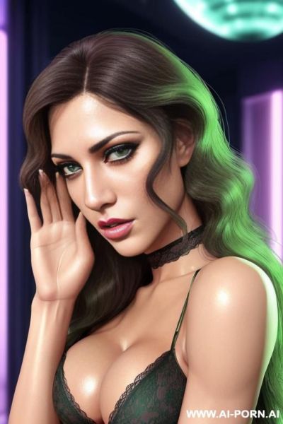 ((massive breasts)), wide hips, v-tappered abs, light muscle definition, thick voluminous hair, long wavy hair, ((copper hair)), (((green eyes))), seductive eyes, eye contact, ((green lace lingerie)), (cleavage), sotting on bed - ai-porn.ai on pornintellect.com