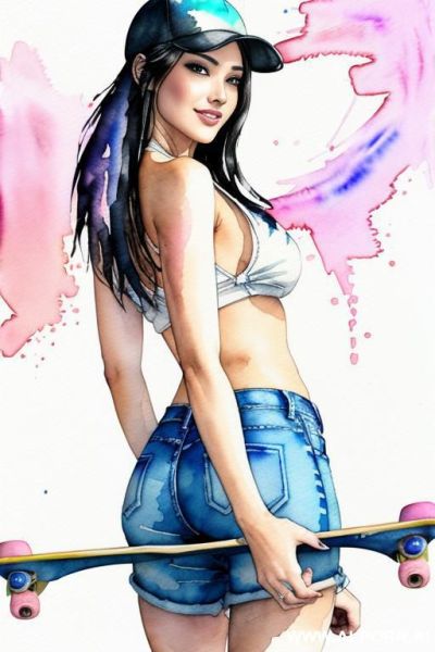 ((((at the street)))) ((((skate board)))) ((((image comic-drawing watercolor style)))) down level shot boobs in closedup ((((seductive gaze)))) from behind pretty japanese woman full lips smile shocked - ai-porn.ai - Japan on pornintellect.com