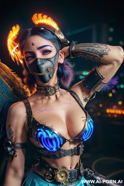 ((((masterpiece)))), (((woman sitting))), (glowing red eyes), (long blue purple and white hair with a flower), ((crop top white collar shirt with red tie)), ((((flaming angel wing)))), ((navy formal - ai-porn.ai on pornintellect.com