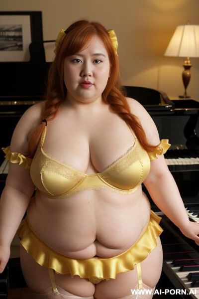 Half body photo shot close up. a ((british obese fat bbw redhead)), ((thick with love handless)). ((wearing a yellow sexy and hot garter belt lingerie, and a dark-red ruffle silk micro-skirt)). she is smiling - ai-porn.ai - Britain on pornintellect.com