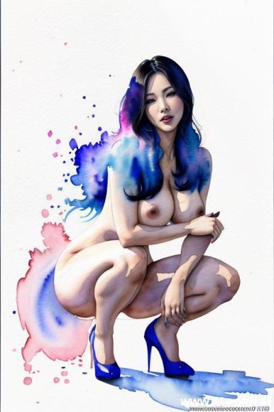((((image comic-drawing watercolor style)))) down level shot boobs in closedup ((((seductive gaze)))) full frontal view, squatting, show pussy, pretty korean woman full lips smile shocked face bending - ai-porn.ai - North Korea on pornintellect.com