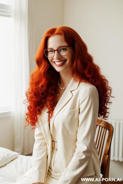 A white woman with long curly red hair and glasses - ai-porn.ai on pornintellect.com
