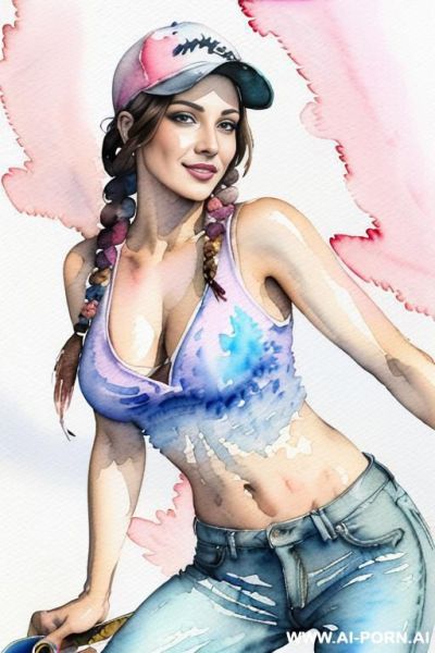 ((((at the street)))) ((((skate board)))) ((((image comic-drawing watercolor style)))) down level shot boobs in closedup ((((seductive gaze)))) pretty italian woman full lips smile shocked face bending - ai-porn.ai - Italy on pornintellect.com