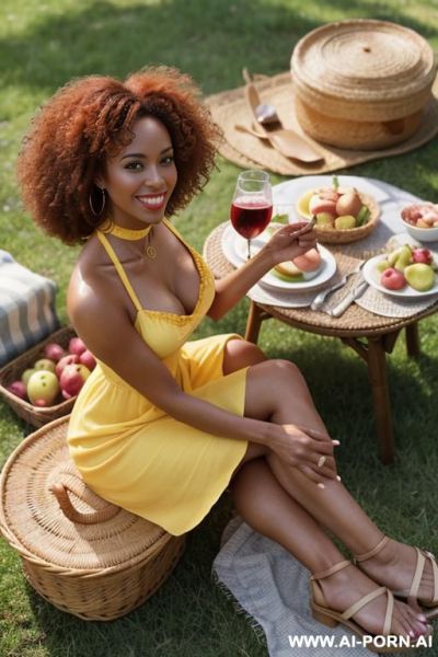 Black woman with hourglass figure. curly afro. wearing a yellow summer dress (cleavage) and a choker - ai-porn.ai on pornintellect.com