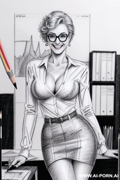 ((((image comic-drawing pencil style)))) ((((medium body shot)))) ((((in the office)))) ((((smiling silly face)))) pretty italian woman full lips, muscle fit , black short skirt , white long-sleeved - ai-porn.ai - Italy on pornintellect.com