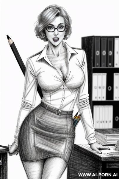 ((((image comic-drawing pencil style)))) ((((medium body shot)))) ((((in the office)))) ((((silly face)))) pretty italian woman full lips, muscle fit , black short skirt , white long-sleeved shirt on - ai-porn.ai - Italy on pornintellect.com