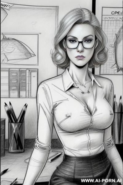 ((((image comic-drawing pencil style)))) ((((medium body shot)))) ((((in the office)))) ((((very serious face)))) pretty italian woman full lips, muscle fit , black short skirt , white long-sleeved - ai-porn.ai - Italy on pornintellect.com