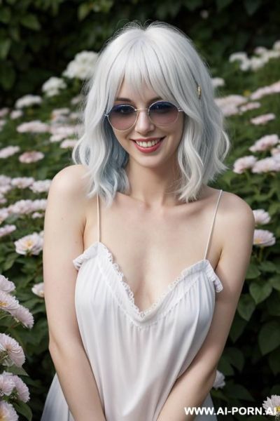 Pretty, very natural, ukrainian, 20, flowing wavy hair, platinum blonde hair, very white skin, perfect very broad smile, natural, spreading legs, blurred background, flower garden background, perfect - ai-porn.ai - Ukraine on pornintellect.com