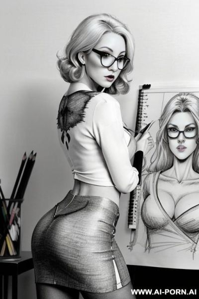 ((((image comic-drawing pencil style)))) ((((medium body shot)))) (((in the office)))) ((((very serious face)))) ((((from behind)))) pretty italian woman full lips, muscle fit , black short skirt , - ai-porn.ai - Italy on pornintellect.com