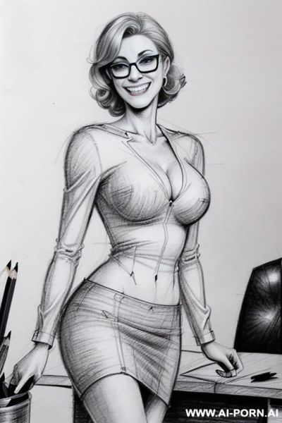 ((((image comic-drawing pencil style)))) ((((medium body shot)))) ((((in the office)))) ((((smiling)))) ((((silly face)))) pretty italian woman full lips, muscle fit , black short skirt , white - ai-porn.ai - Italy on pornintellect.com