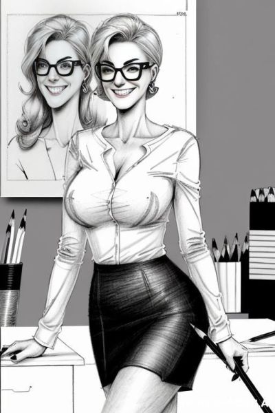 ((((image comic-drawing pencil style)))) ((((medium body shot)))) ((((in the office)))) ((((silly smiling face)))) pretty italian woman full lips, muscle fit , black short skirt , white long-sleeved - ai-porn.ai - Italy on pornintellect.com