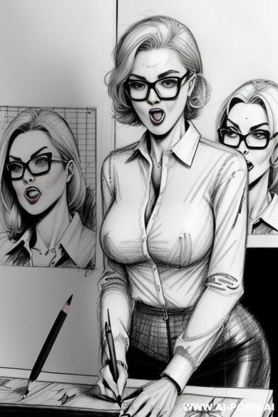 ((((image comic-drawing pencil style)))) ((((medium body shot)))) ((((in the office)))) ((((crooked open mouth face silly)))) pretty italian woman full lips, muscle fit , black short skirt , white - ai-porn.ai - Italy on pornintellect.com